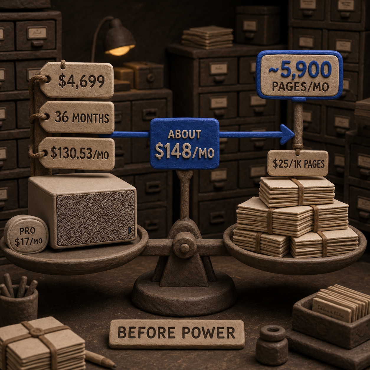 Cost comparison for a local AI document agent with hardware, subscription, and page-volume reference