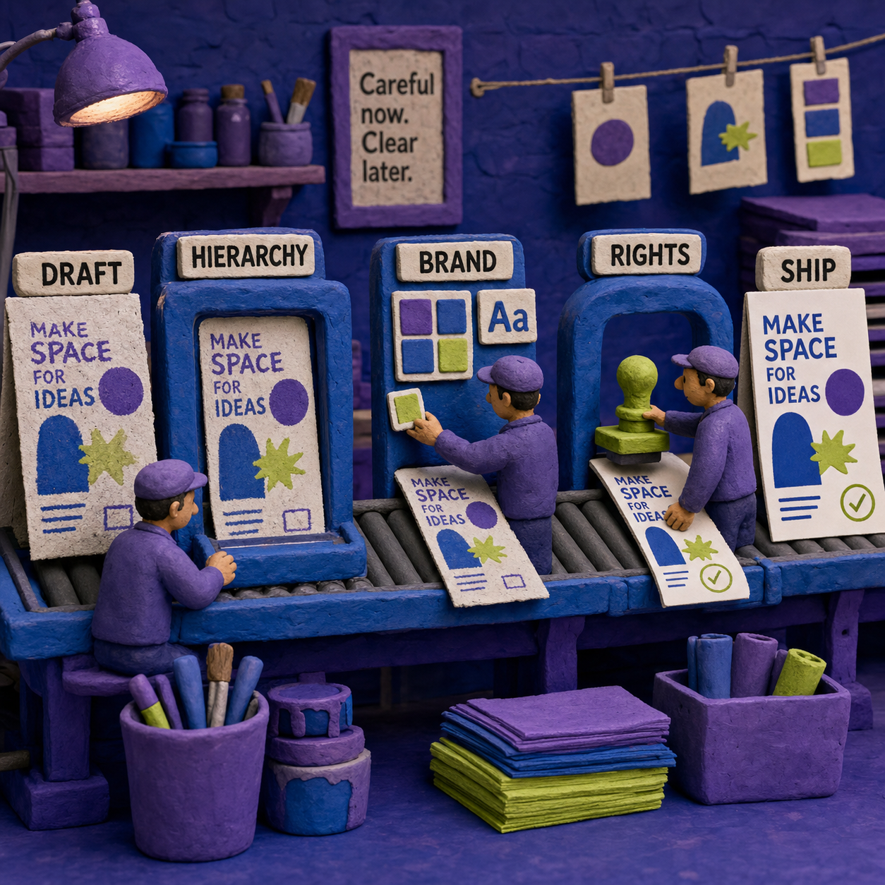 A clay proofing bench showing the move from AI draft to ship-ready asset through hierarchy, brand, and rights checks