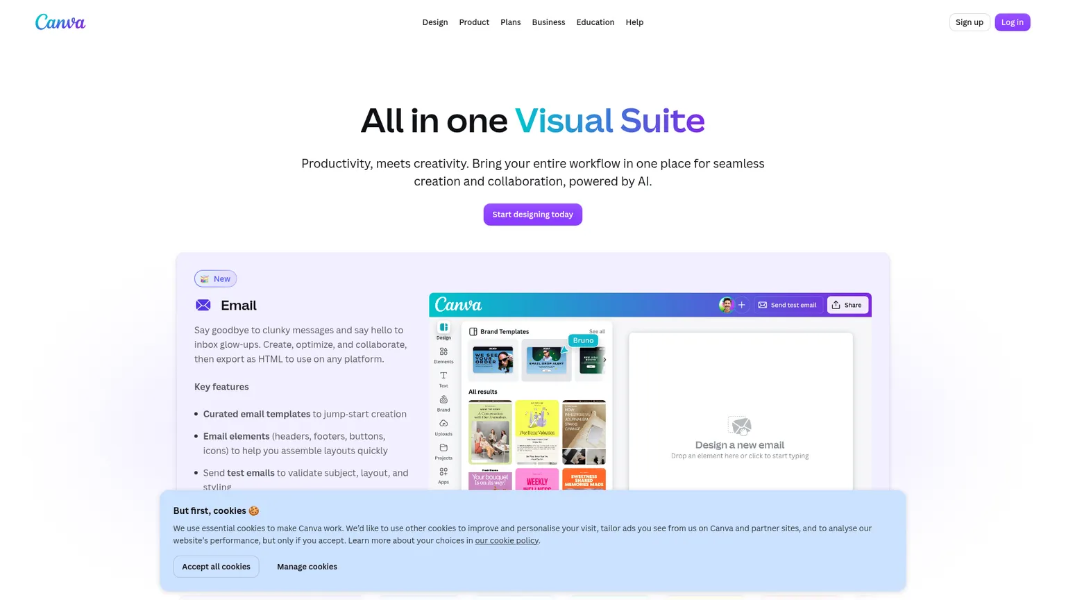 صفحة Canva Visual Suite وهي تعرض منتجات التصميم متعددة الصيغ