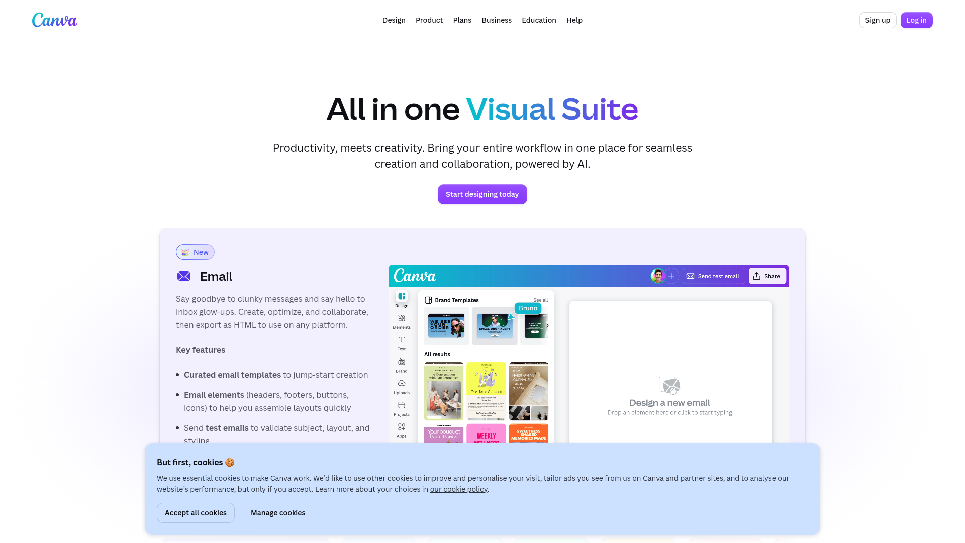 Canva Visual Suite page showing its multi-format design products