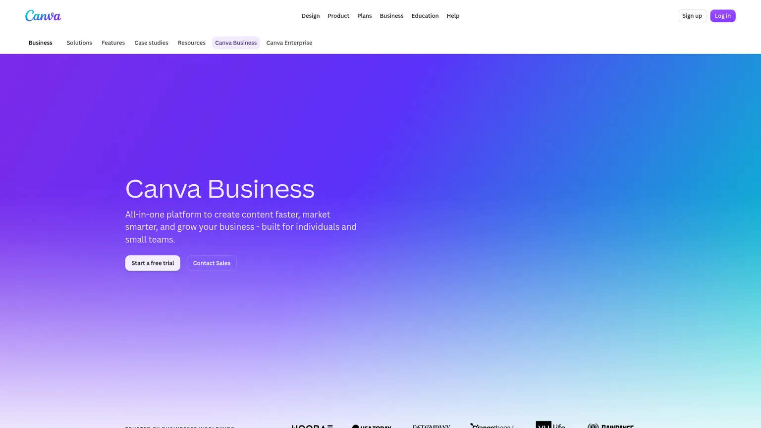صفحة Canva Business وهي تعرض مزايا الفريق والعلامة التجارية وسير العمل