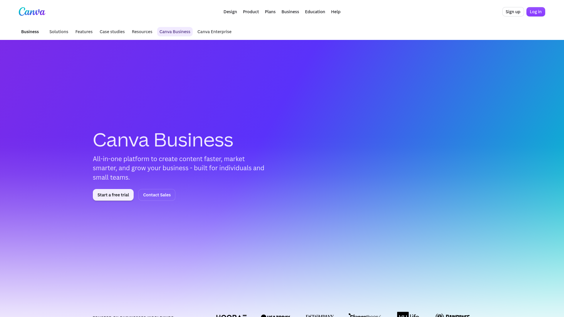 Canva Business page showing team brand and workflow features