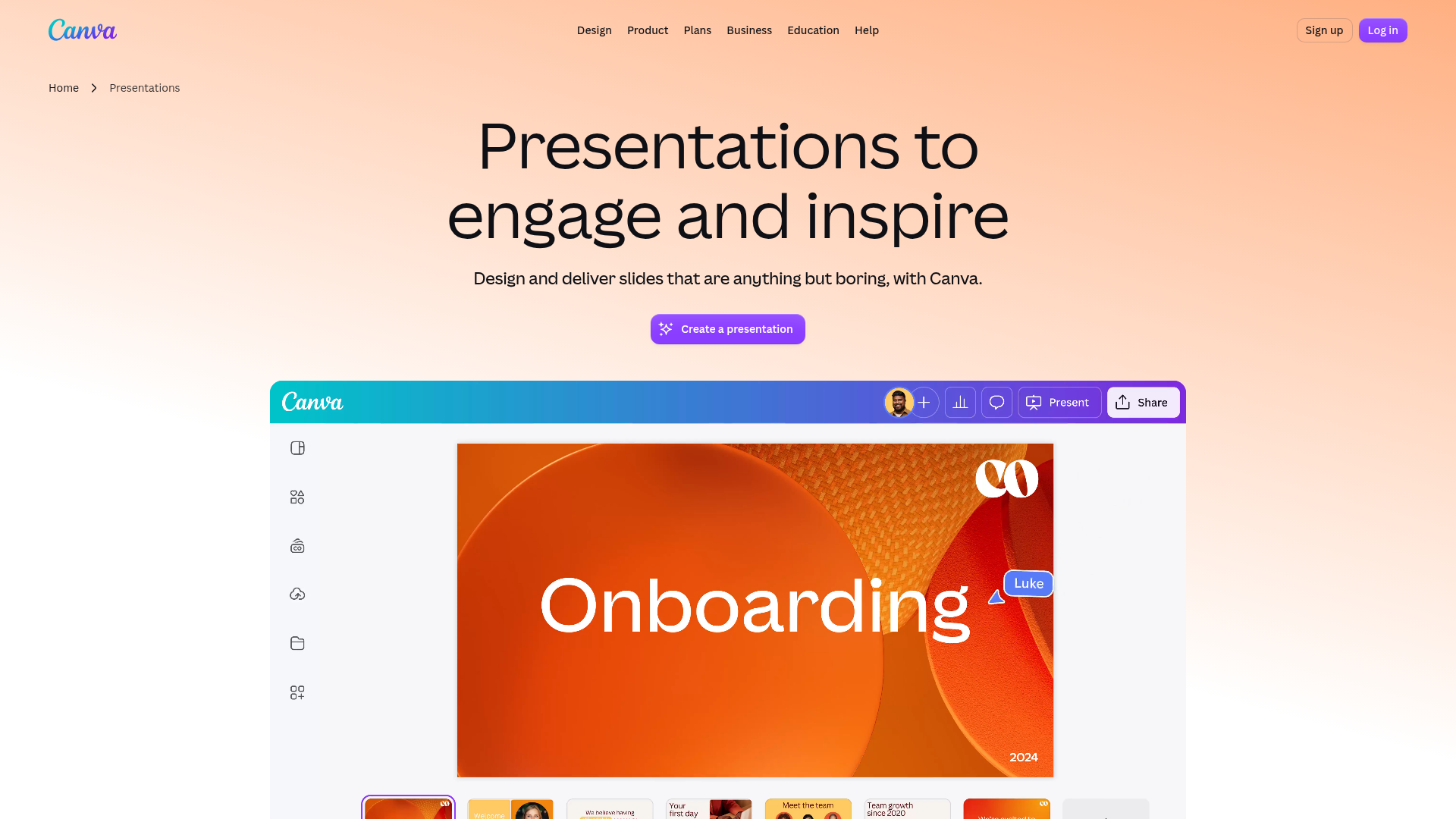 Canva Presentations page showing presentation creation and delivery features