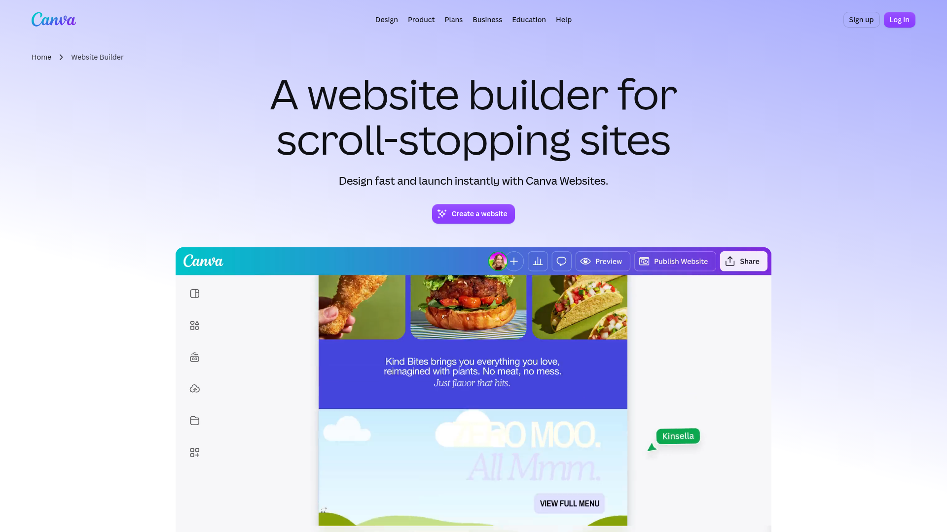 Canva website builder page showing visual site creation and publishing