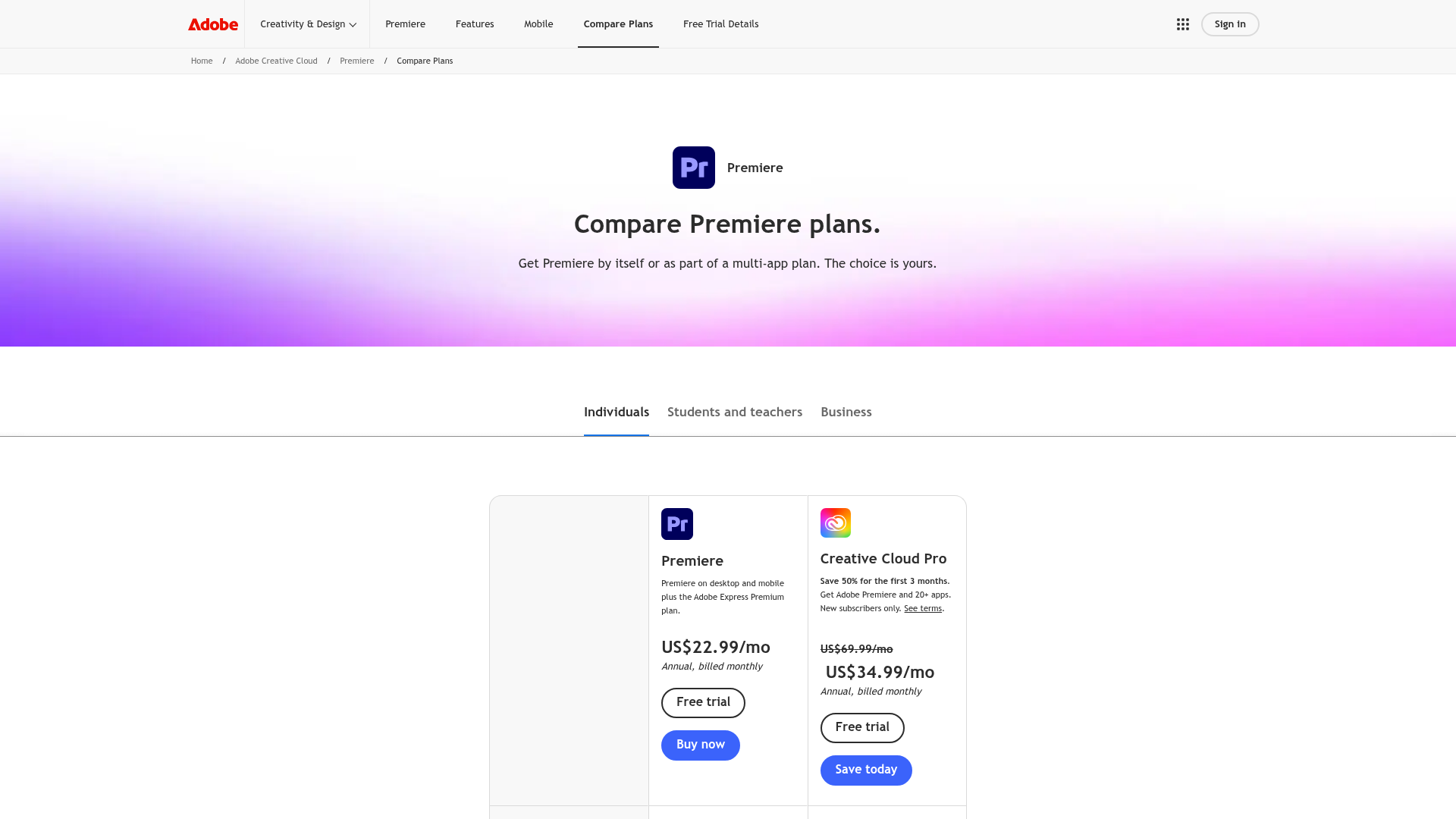 Adobe Premiere pricing page showing the individual plan