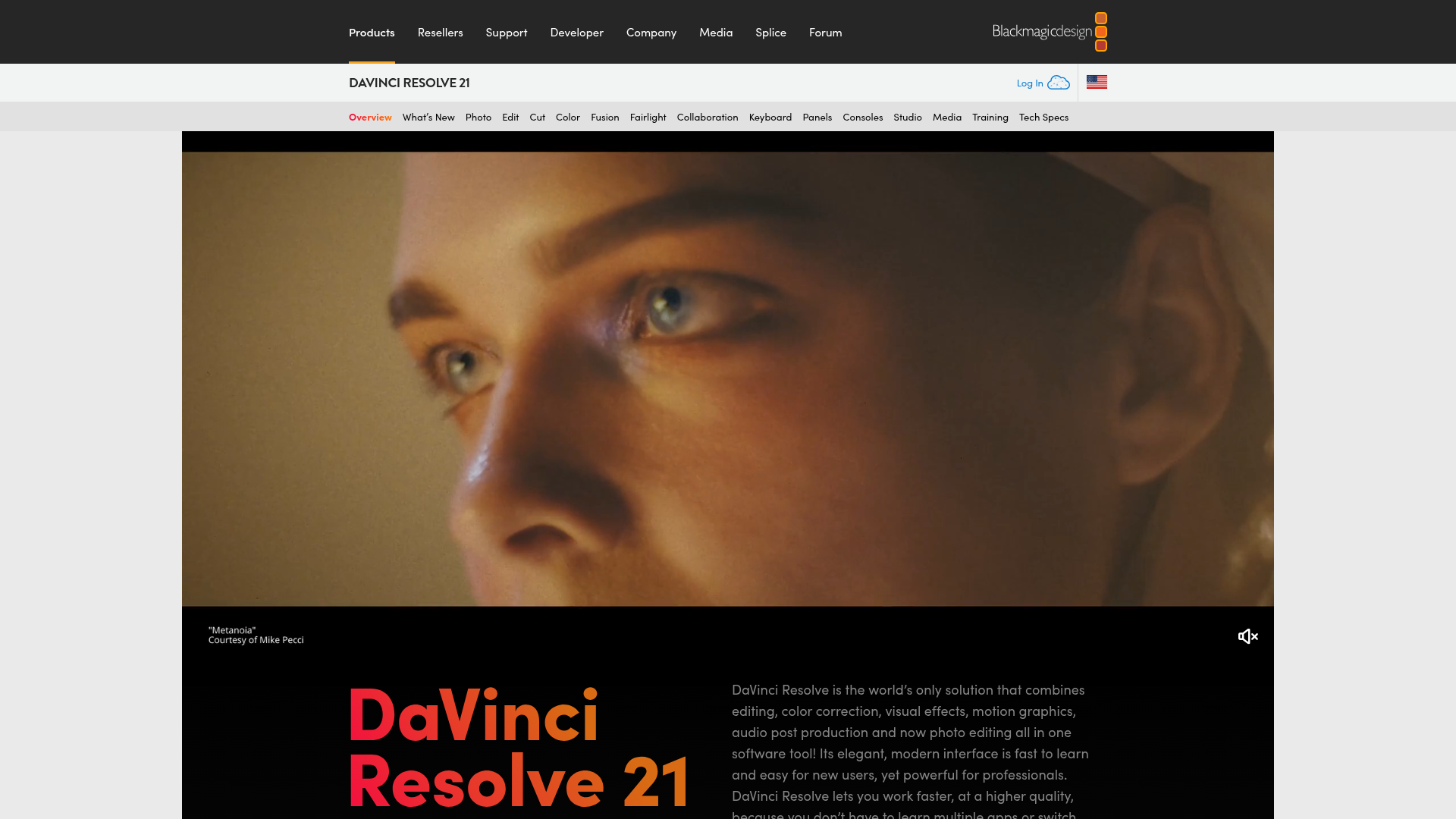 DaVinci Resolve product page showing Free and Studio pricing