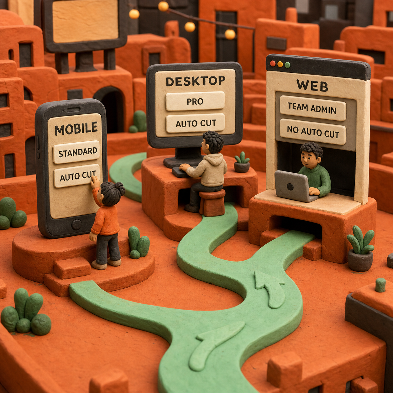 Clay platform map showing CapCut Standard and Auto Cut on mobile, Pro and Auto Cut on desktop, and Team administration without Auto Cut on web