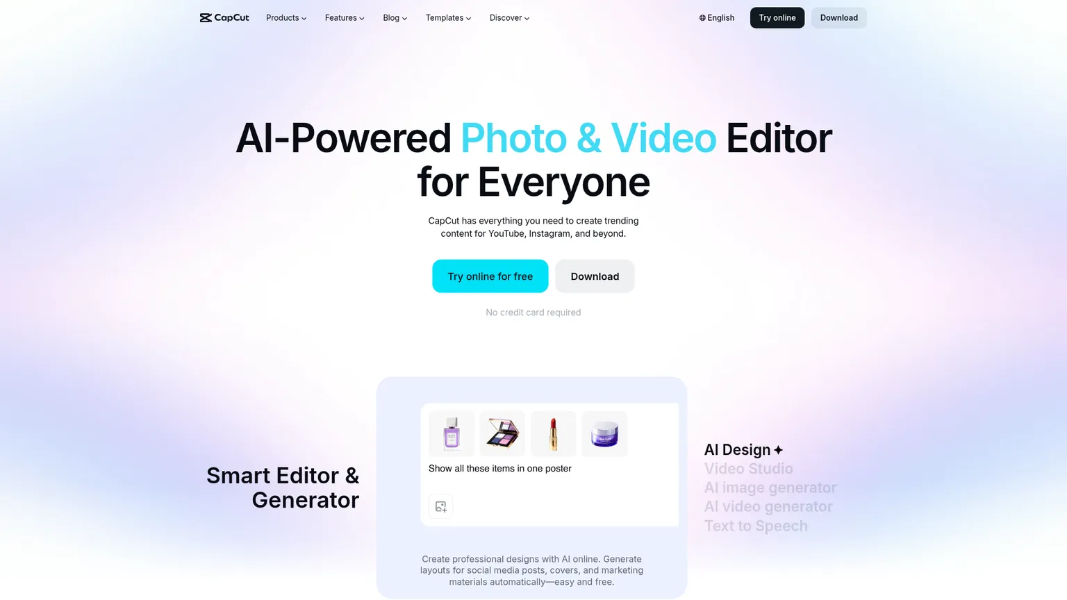 CapCut homepage showing the current online video creation product