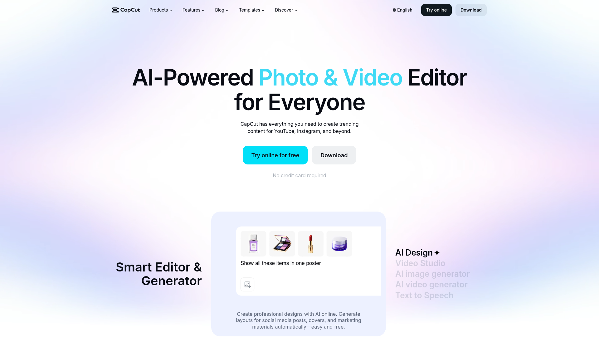 CapCut homepage showing the current online video creation product