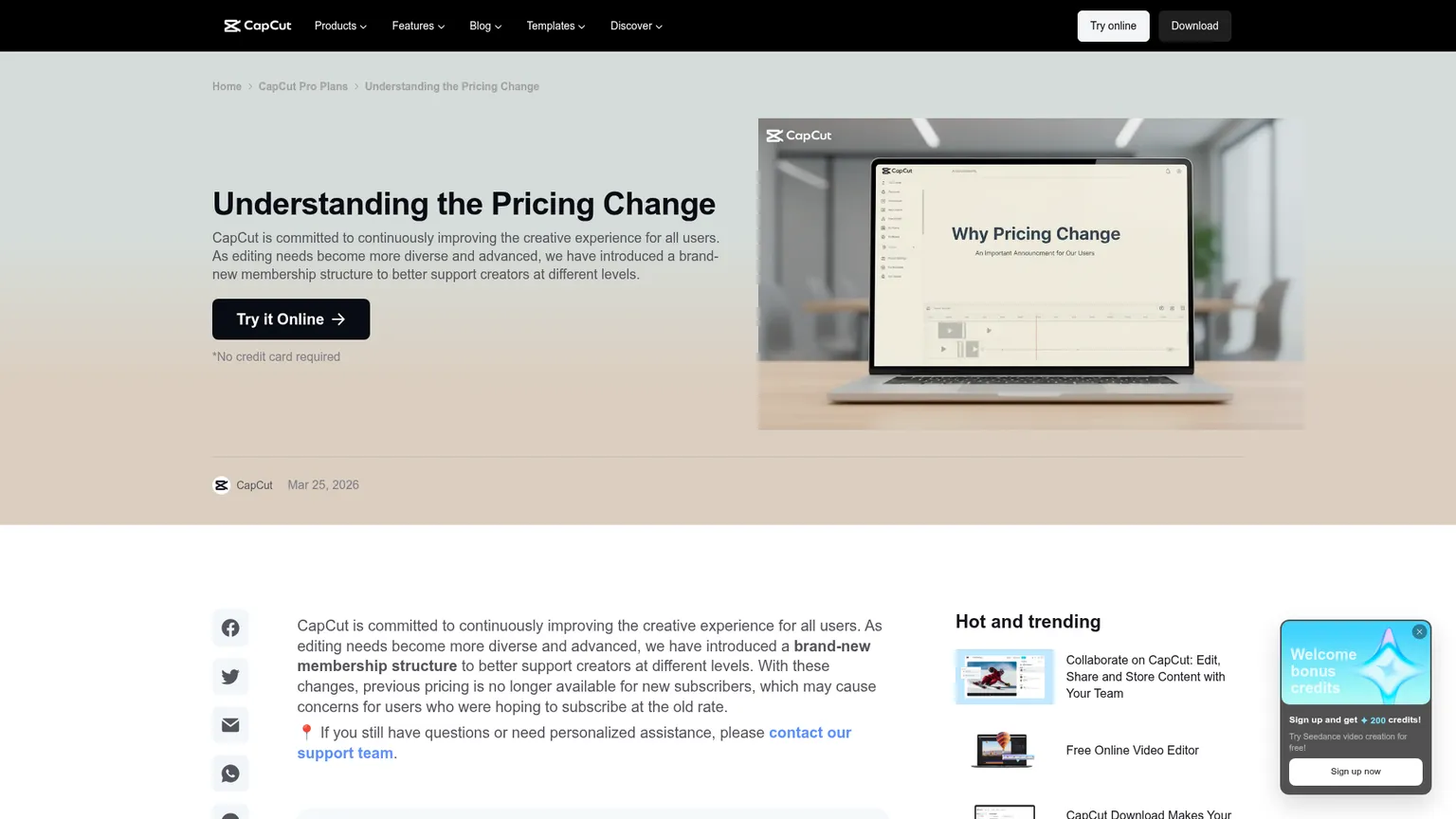 CapCut pricing change help page showing the 2026 membership update