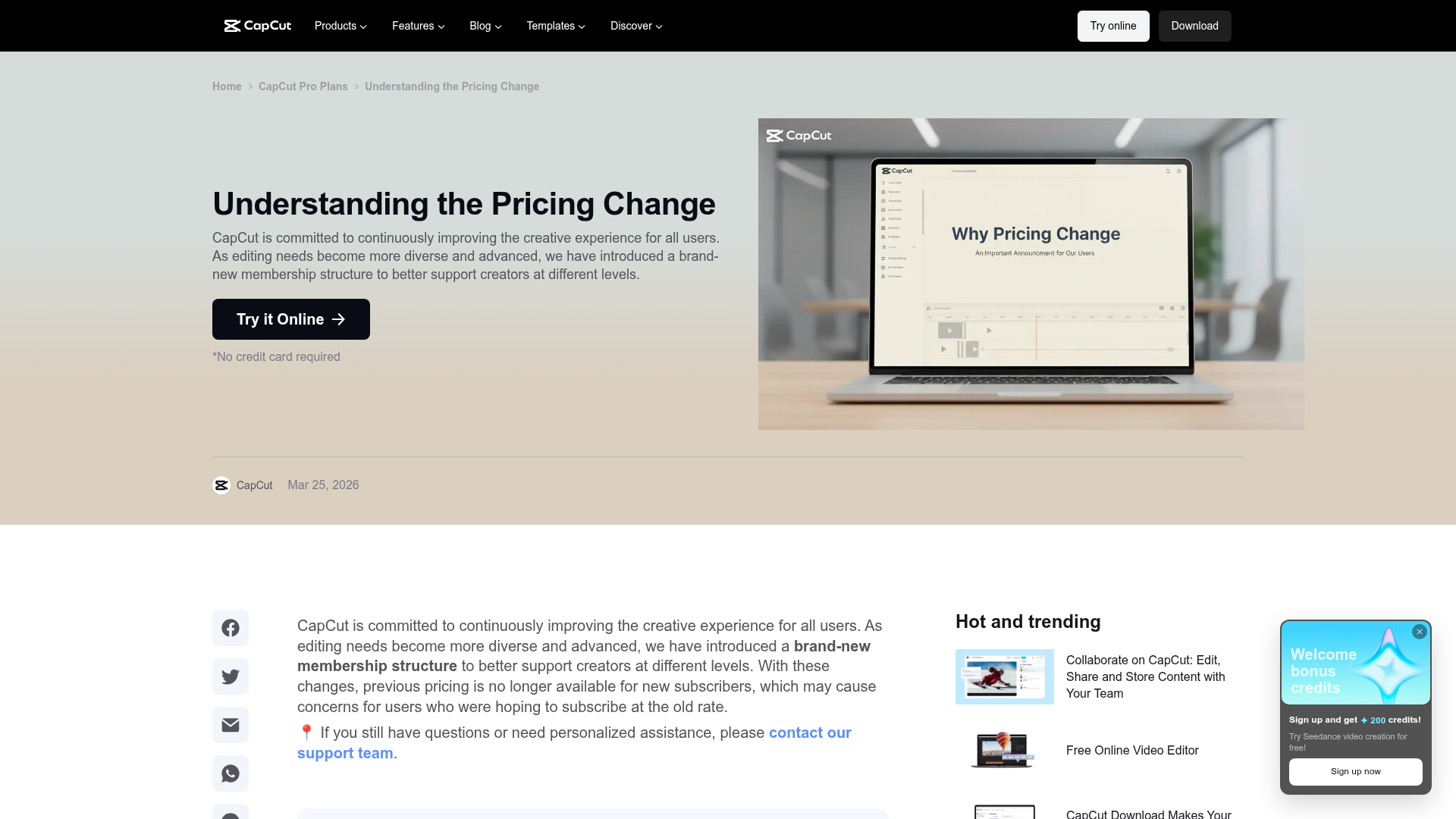 CapCut pricing change help page showing the 2026 membership update