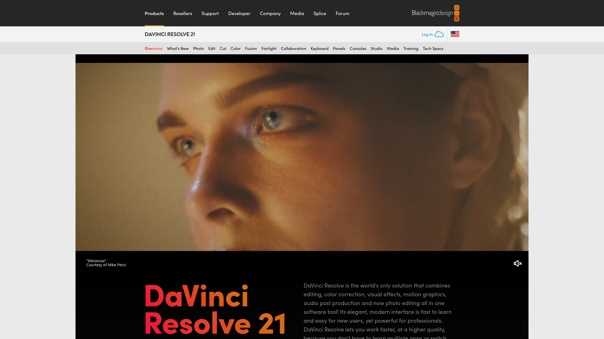 DaVinci Resolve product page showing its editing and finishing environment