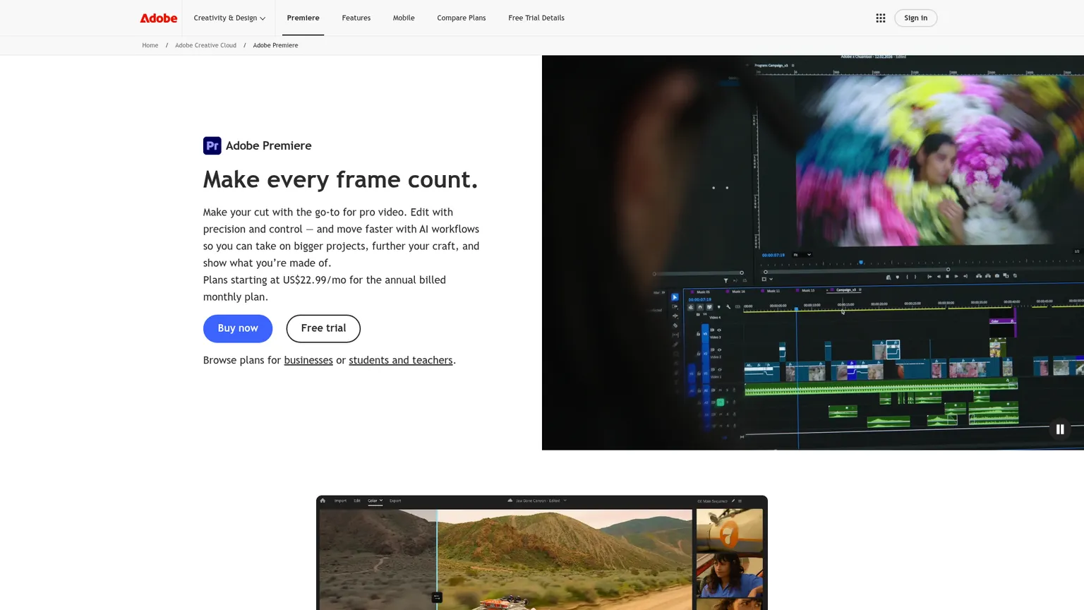Adobe Premiere product page showing its professional editing workflow