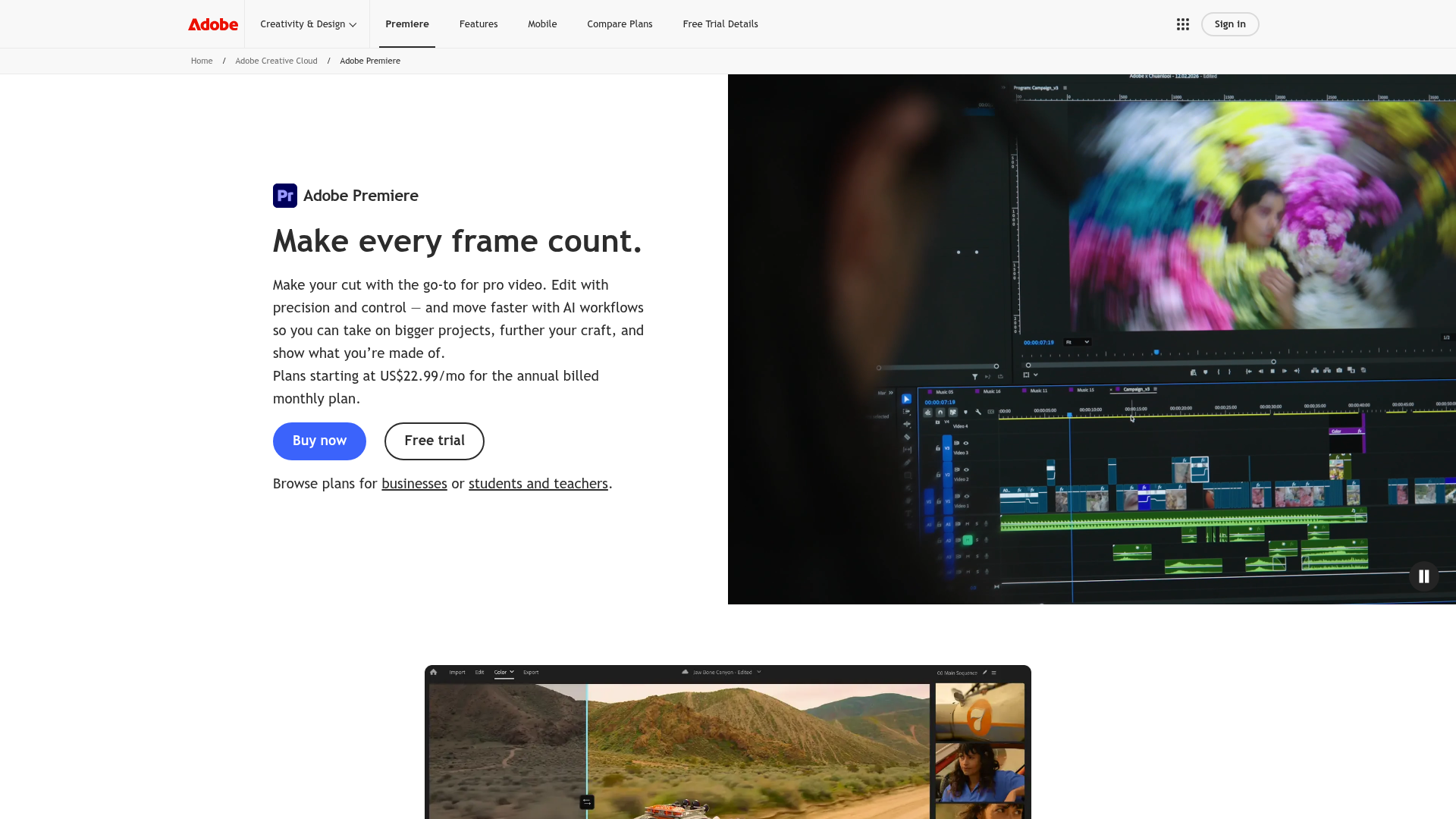 Adobe Premiere product page showing its professional editing workflow