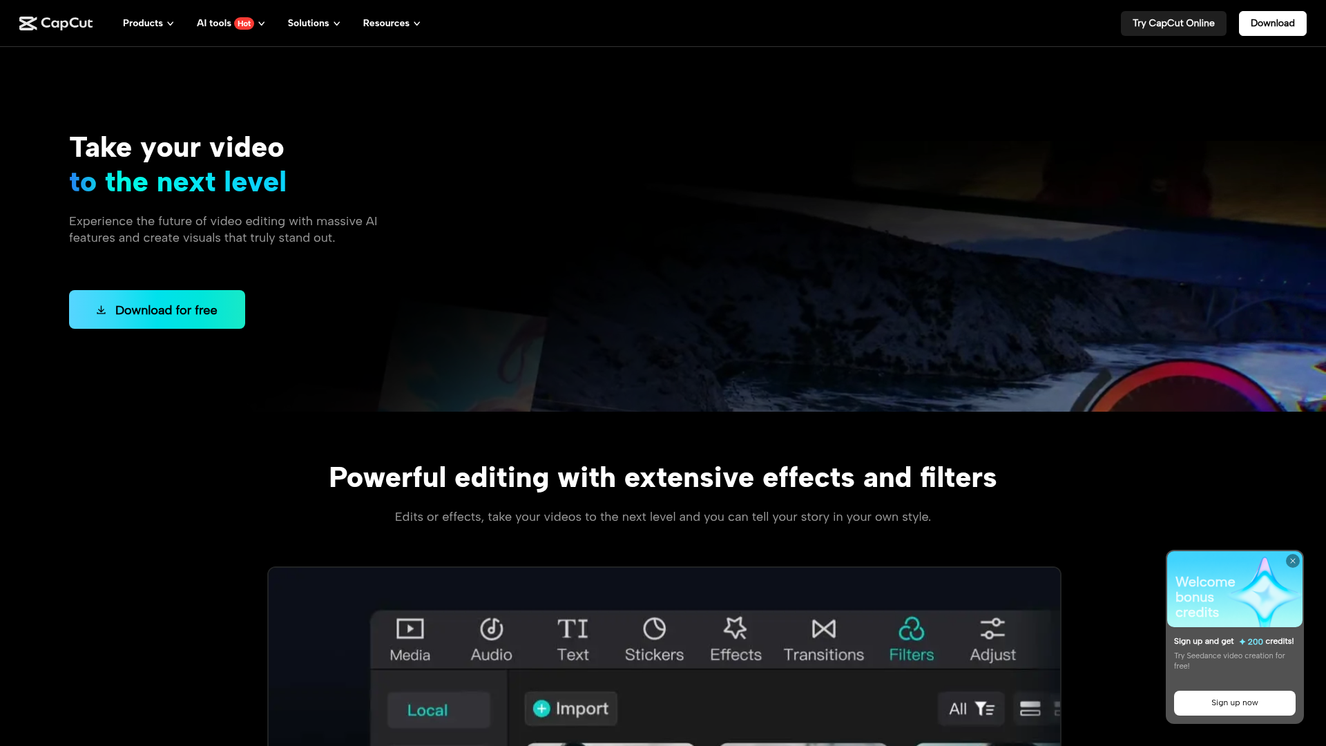CapCut Desktop page showing timeline, keyframe, color, and caption features