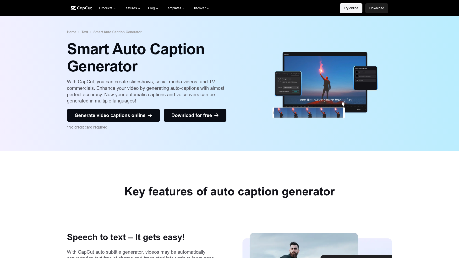 CapCut auto-caption page showing synchronized caption generation and editing