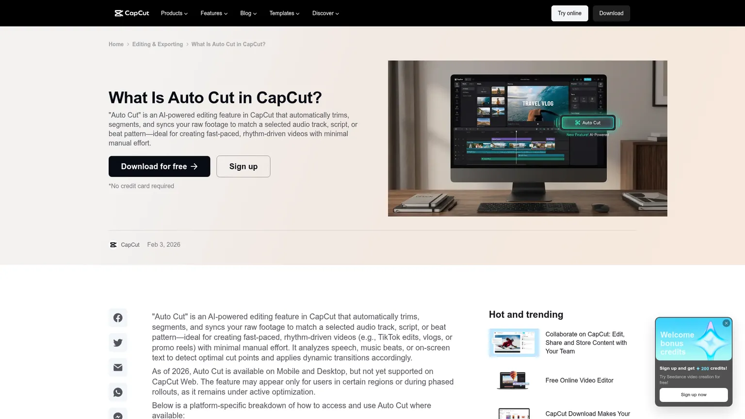 CapCut Auto Cut help page showing beat, speech, and script-based assembly