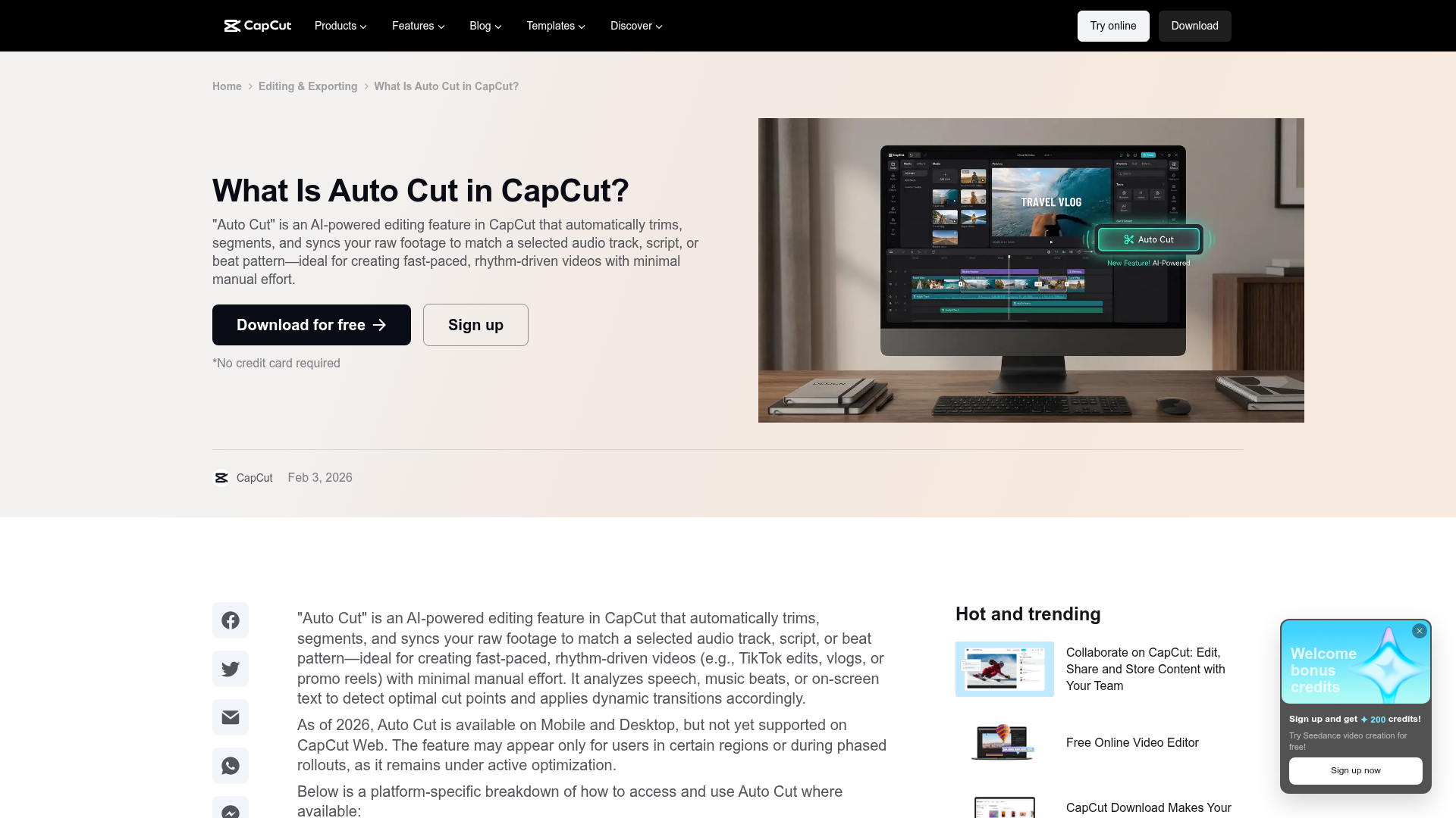 CapCut Auto Cut help page showing beat, speech, and script-based assembly