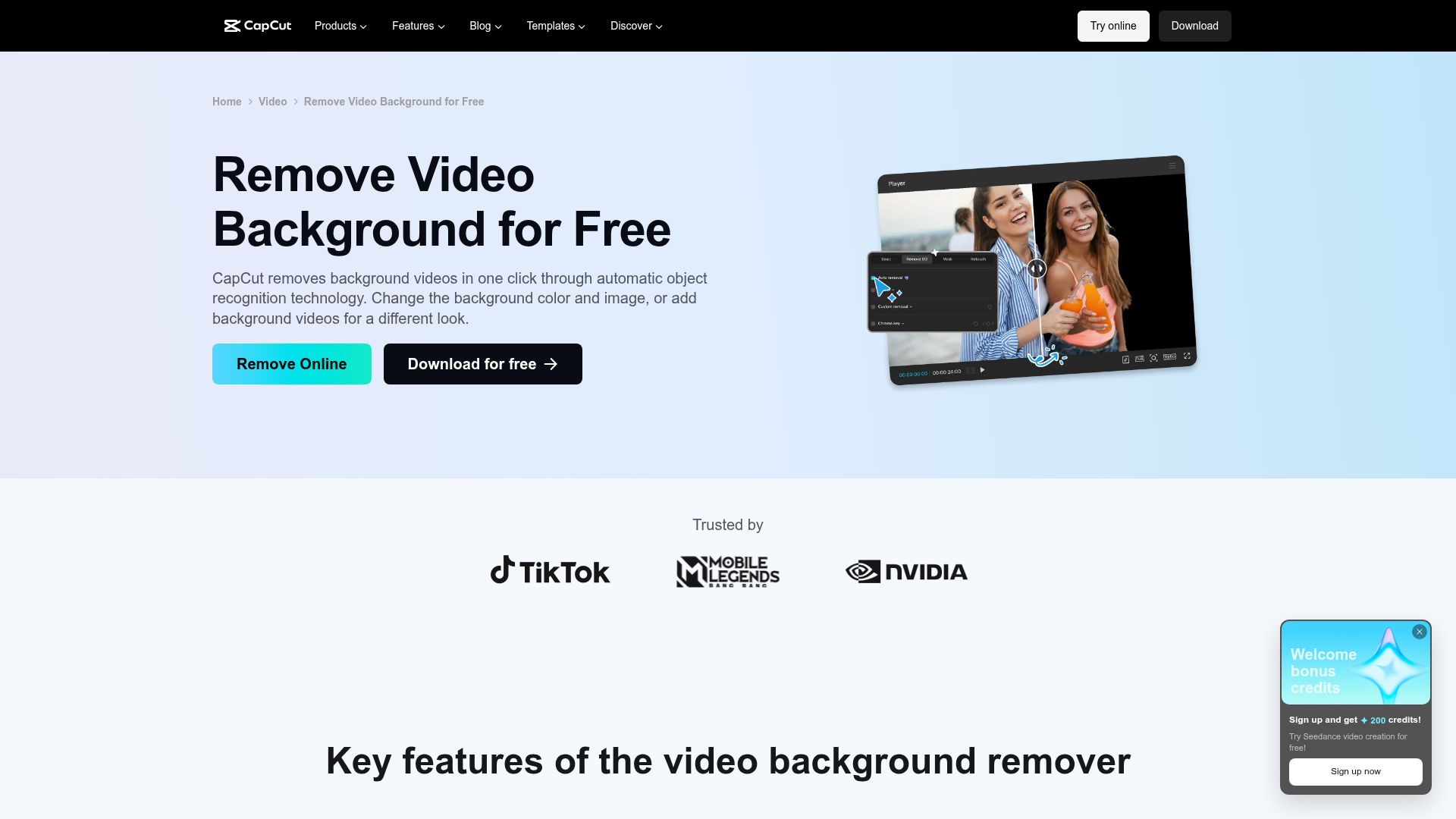 CapCut background remover page showing automatic subject isolation