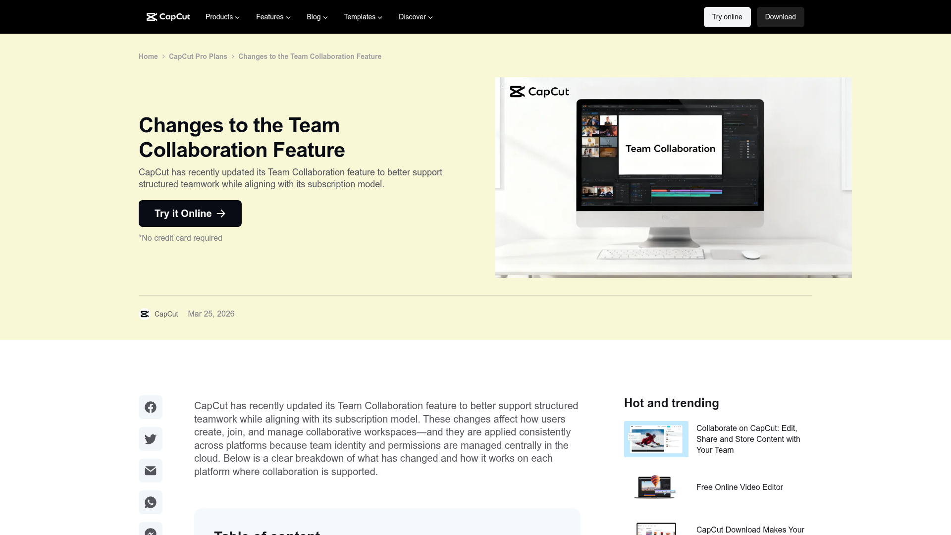 CapCut team collaboration help page showing seats, roles, and workspace controls