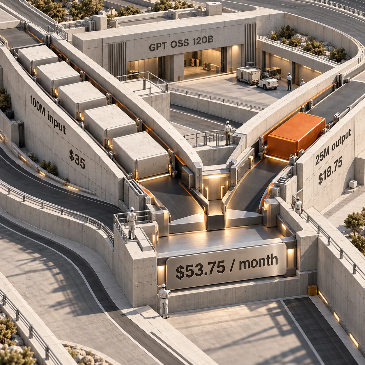 Maqueta arquitectónica de costos que combina 100 millones de tokens de entrada por 35 dólares y 25 millones de tokens de salida por 18.75 dólares en una factura mensual de 53.75 dólares
