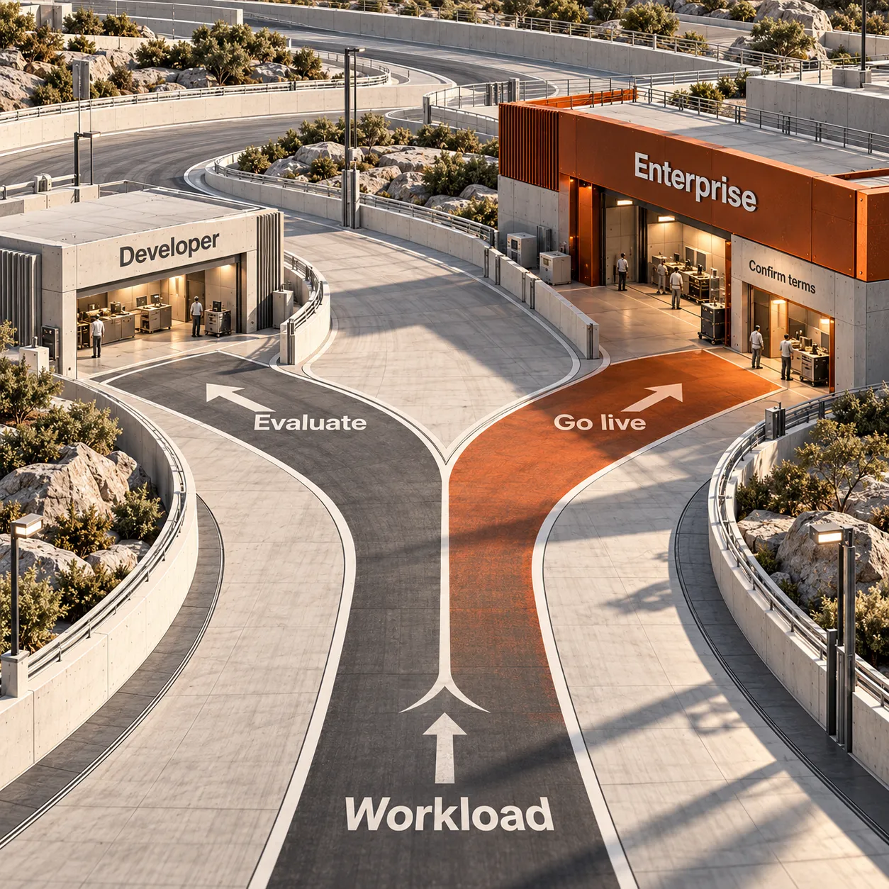 Recorrido arquitectónico que se bifurca hacia Developer para evaluación y hacia Enterprise para producción, con condiciones por confirmar