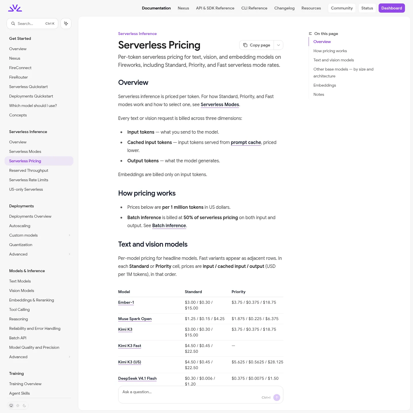 Tabla de tarifas serverless de Fireworks AI con los precios Standard y Priority de GPT OSS 120B