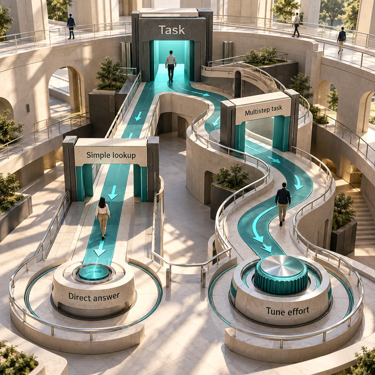 A forked architectural path routes a simple lookup to a direct answer and a multistep task to an effort control