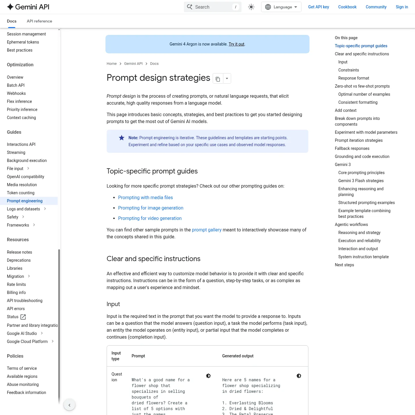 Google Gemini prompt design documentation with its reasoning and planning guidance