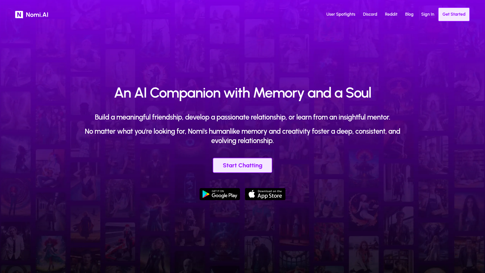 Nomi AI companion homepage