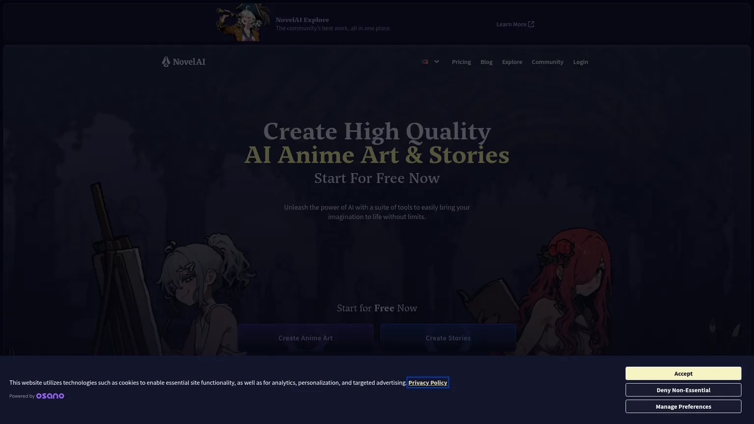 Homepage di NovelAI per la creazione di storie