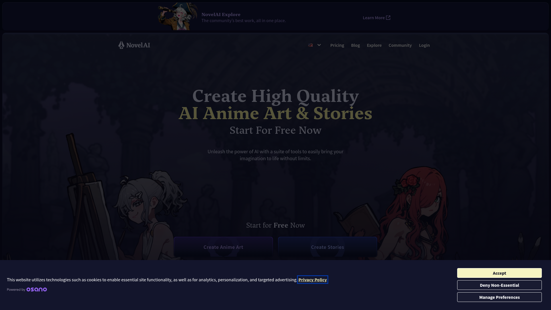 NovelAI storytelling homepage