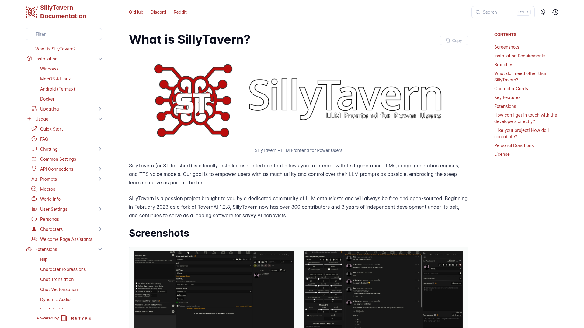 SillyTavern local LLM interface documentation