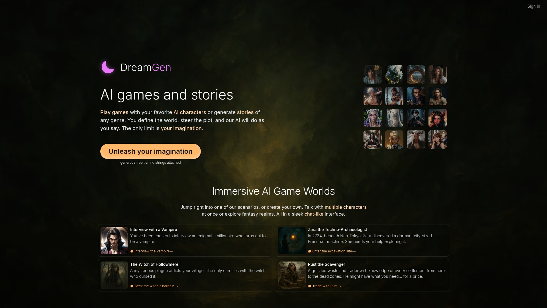 DreamGen AI game and story homepage