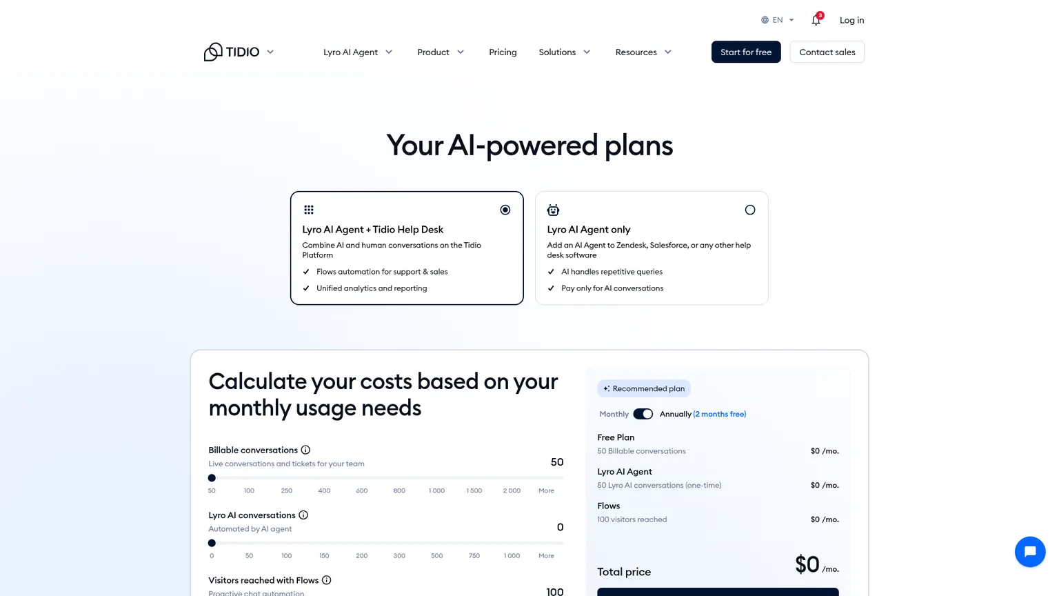 Página de precios de Tidio para atención al cliente y Lyro AI Agent