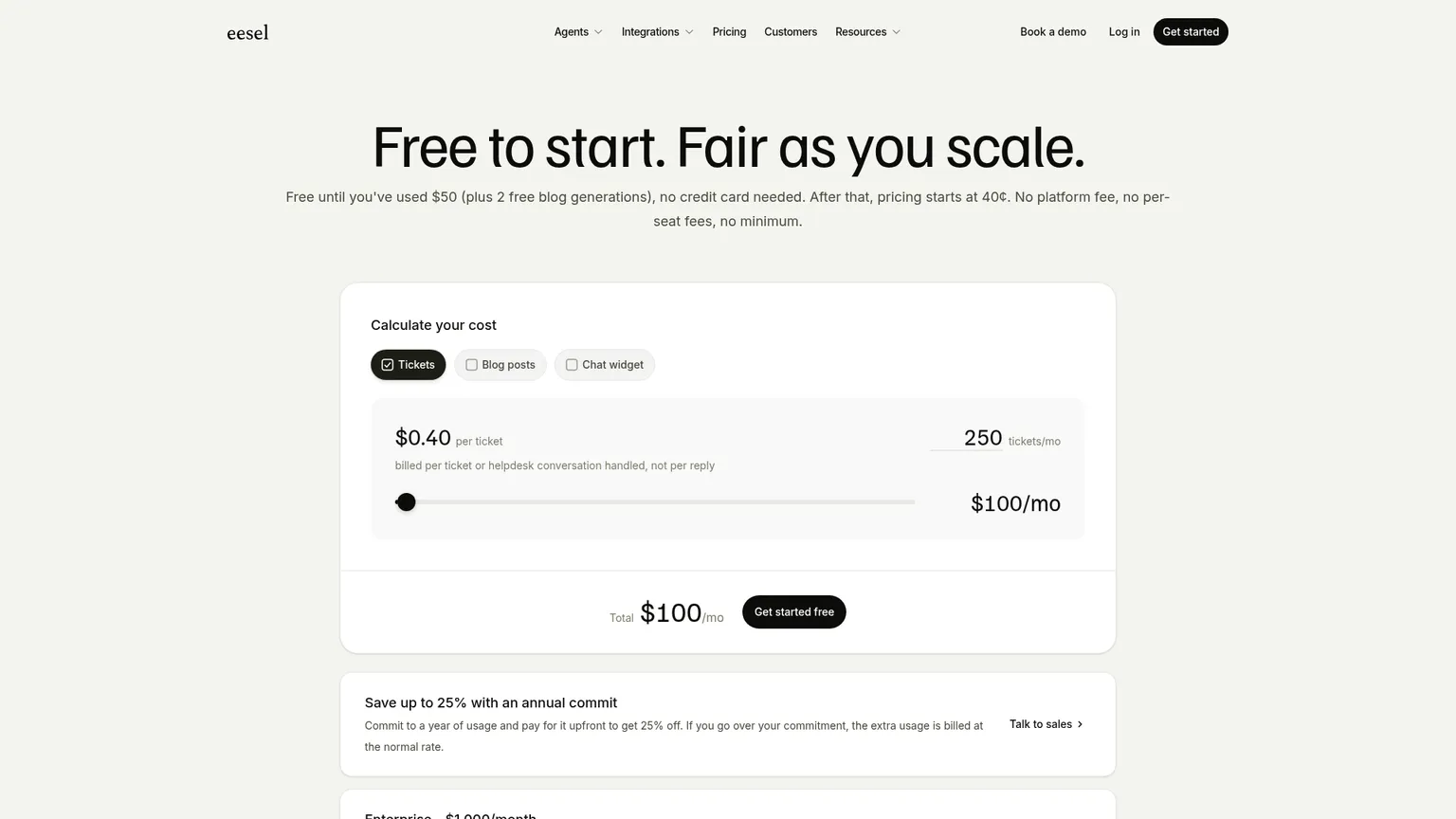 Página de precios de eesel AI con tarifas de atención al cliente por tarea