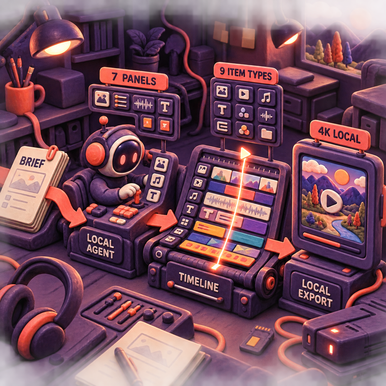 A four-stage infographic showing a brief flowing through a local coding agent into a ChatCut timeline and local 4K export