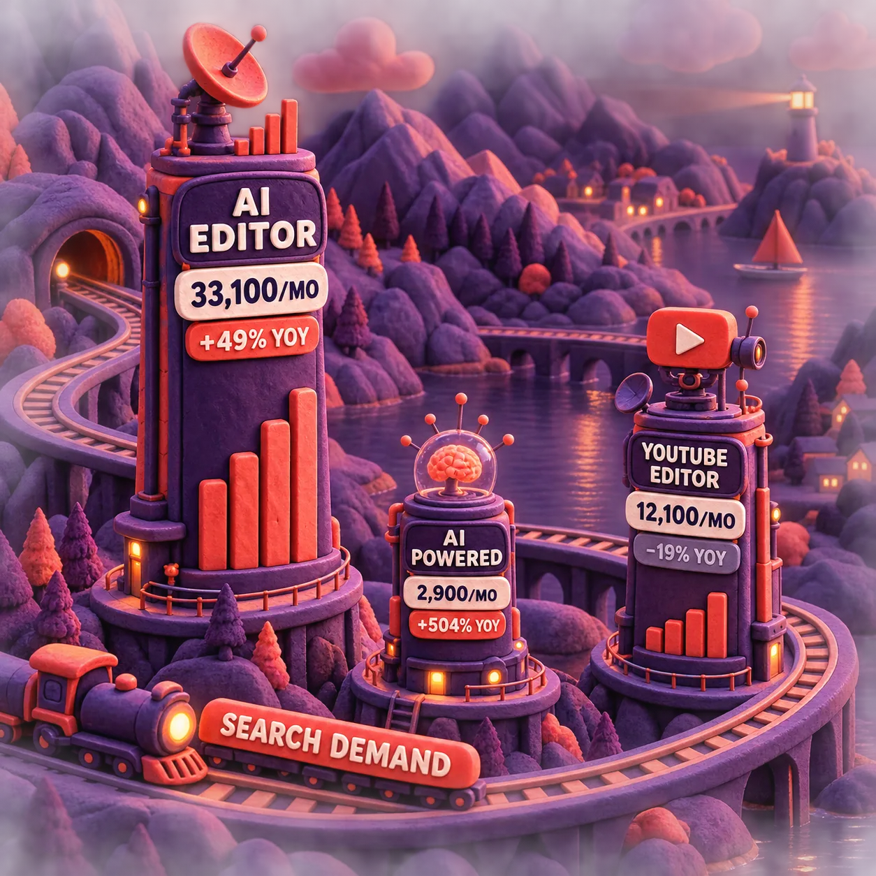 Eine plastische Nachfragegrafik vergleicht die monatlichen Suchanfragen für AI Video Editor, AI Powered Video Editor und YouTube Video Editor