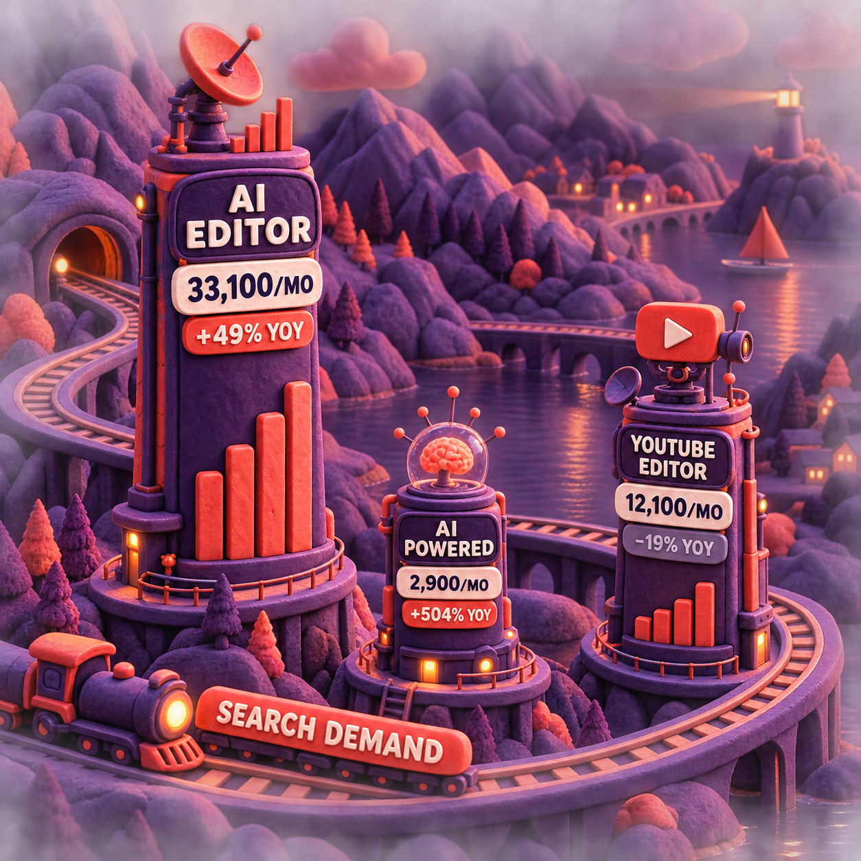 A sculpted demand infographic comparing monthly searches for AI video editor, AI powered video editor, and YouTube video editor