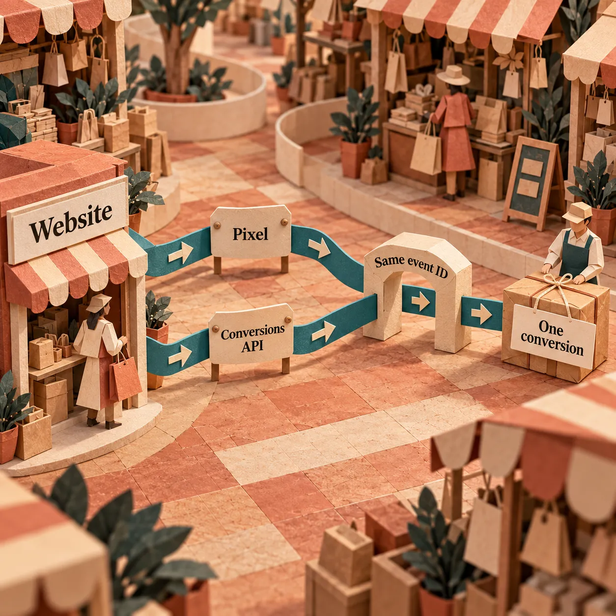 Browser Pixel and server Conversions API paths converge on the same event ID and one counted conversion