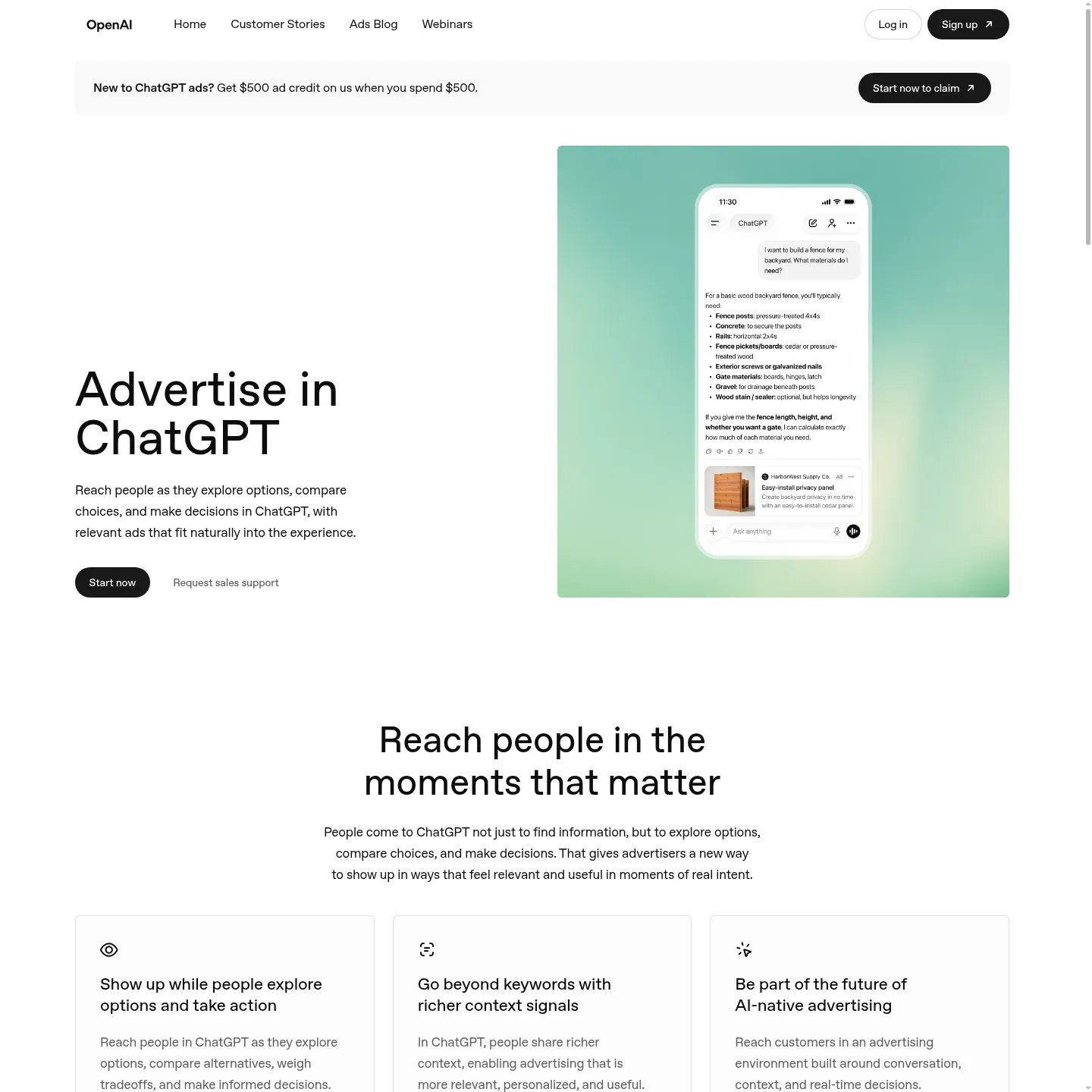 OpenAI's public advertiser website showing ChatGPT ad examples and the Ads Manager entry point