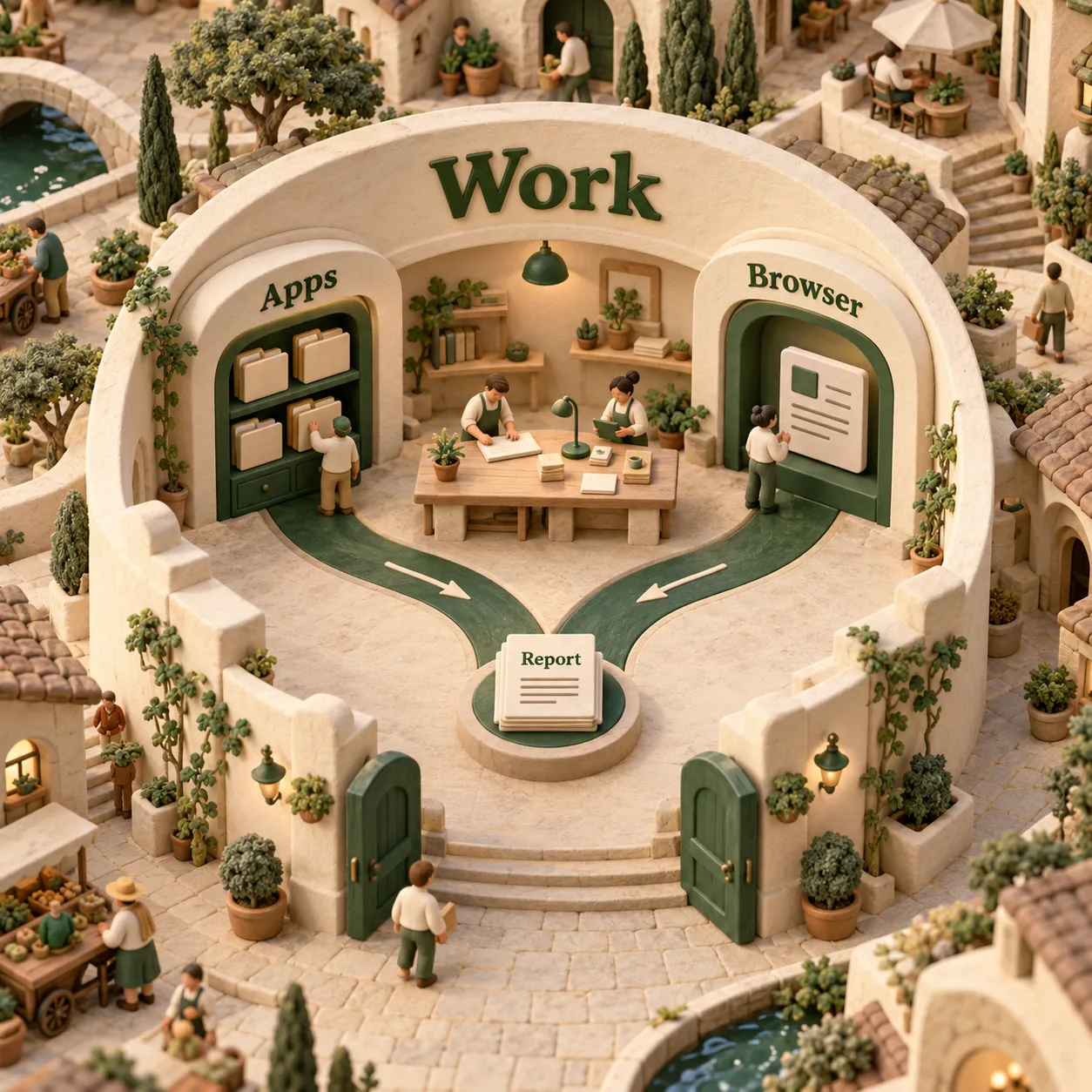 Clay cutaway showing Apps and Browser within Work, with both paths leading to a Report