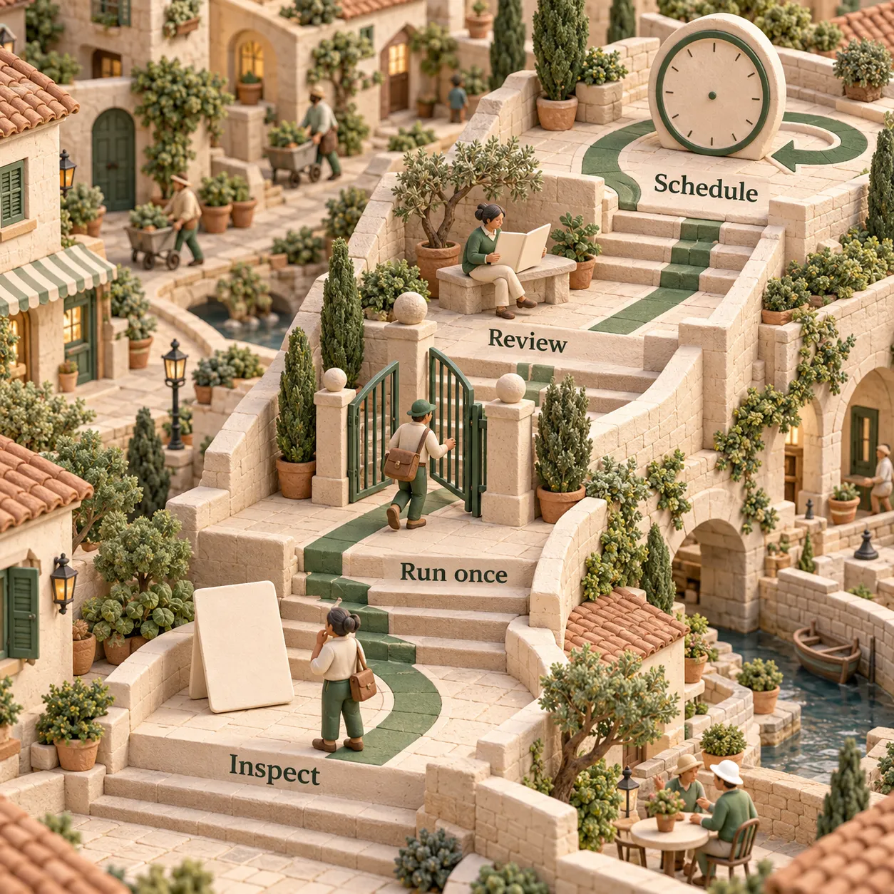 A clay courtyard path climbs through Inspect, Run once, Review and Schedule
