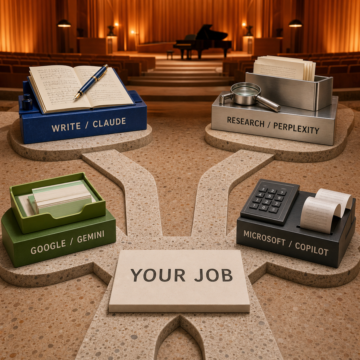 Decision route matching Claude, Perplexity, Gemini, and Copilot to four types of work