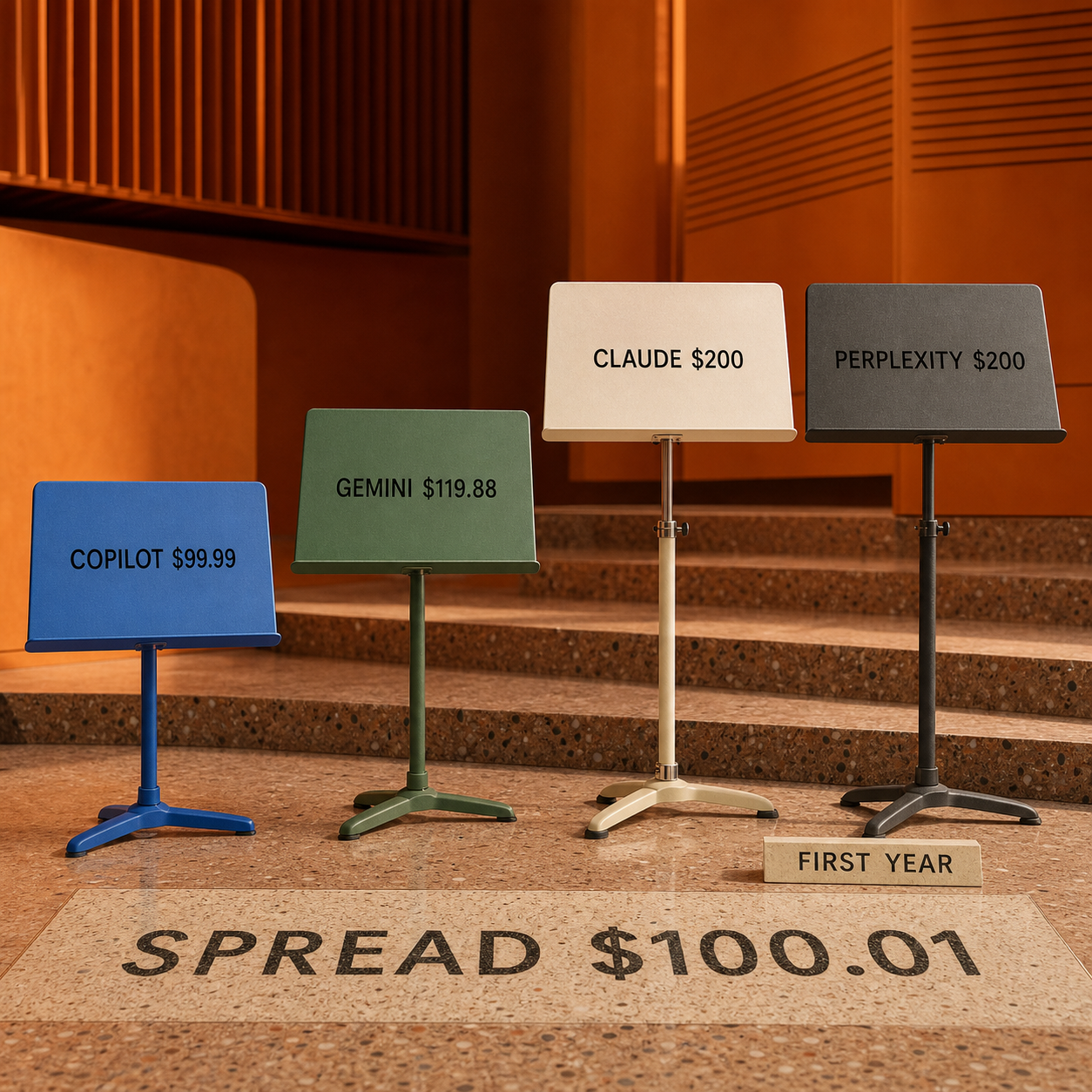 First-year paid entry cost for Copilot, Gemini, Claude, and Perplexity