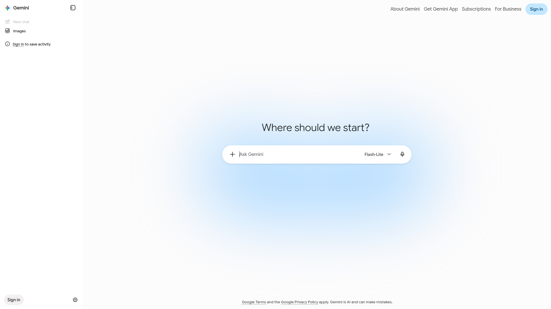 Google Gemini assistant homepage