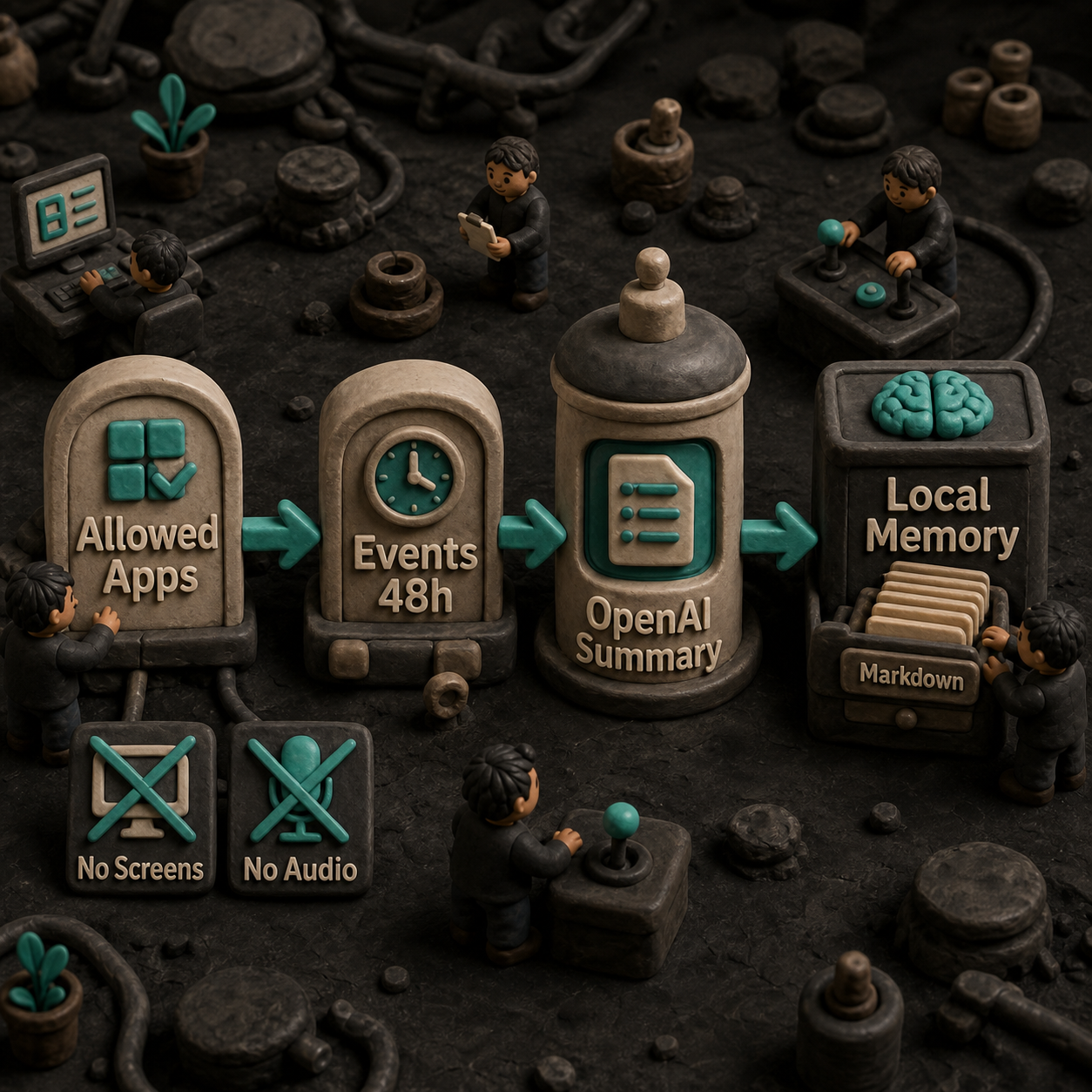 Clay infographic showing the Computer History data flow from allowed apps through temporary events and OpenAI summarization to local memory