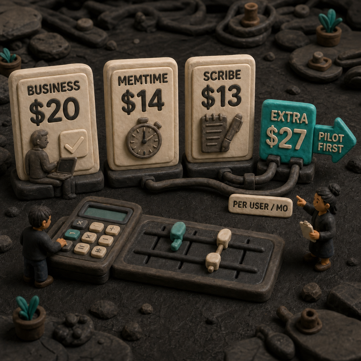 Clay cost ledger comparing ChatGPT Business at 20 dollars with Memtime at 14 dollars and Scribe Team at 13 dollars per seat each month