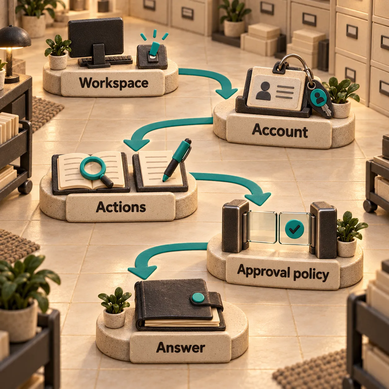 Five ceramic stations separate workspace access, account authorization, available actions, approval policy and the resulting answer.