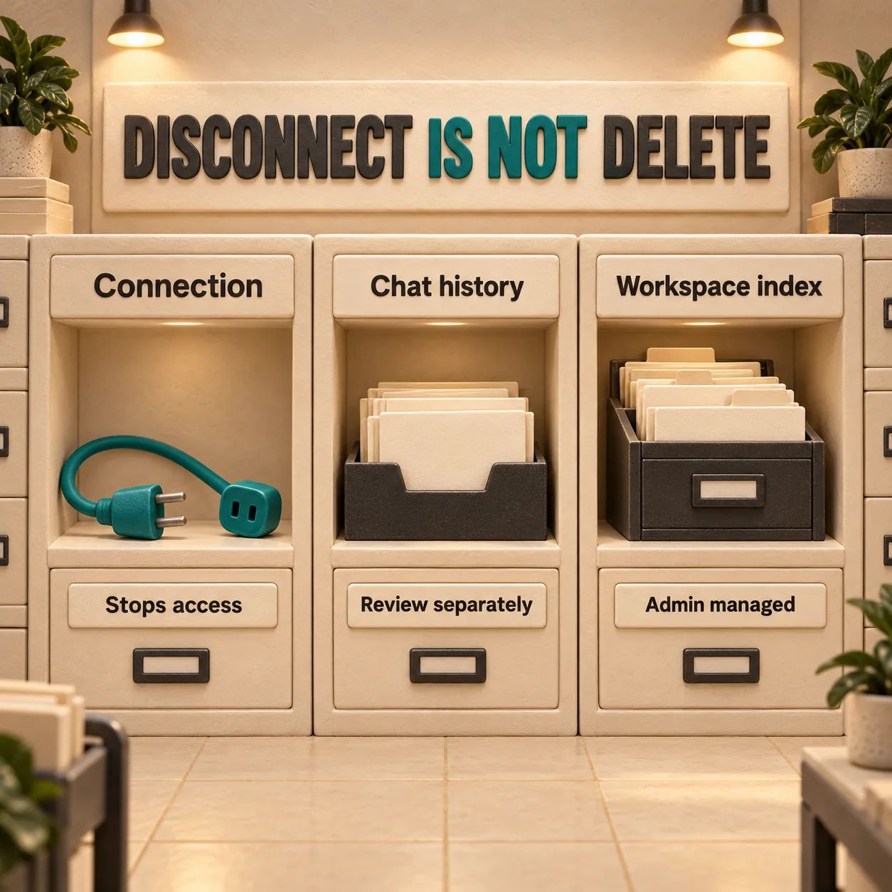 An unplugged connection sits beside retained chat history and a separately administered workspace index.